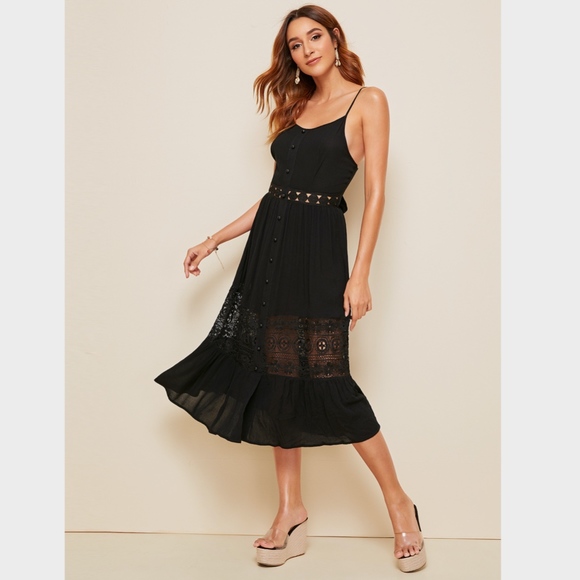 Lace Detail Waist Buttoned Cami Midi Black Dress - Picture 5 of 7
